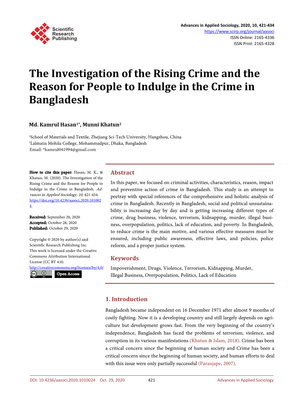 The Investigation of the Rising Crime and the Reason for People to Indulge in the Crime in Bangladesh