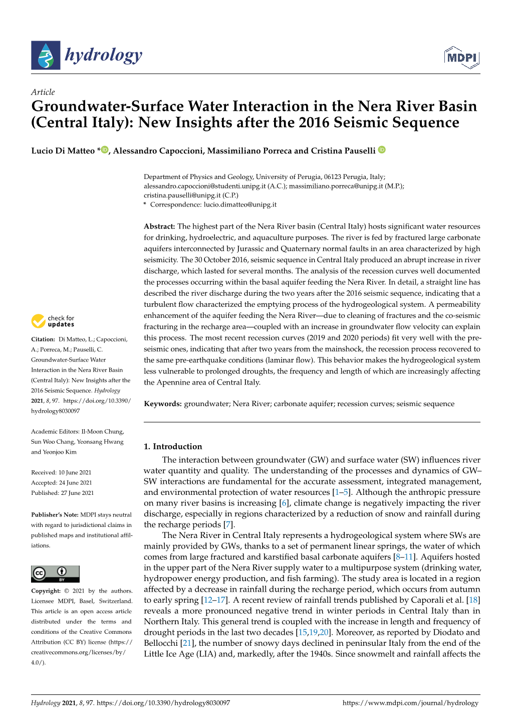 Groundwater-Surface Water Interaction in the Nera River Basin (Central Italy): New Insights After the 2016 Seismic Sequence