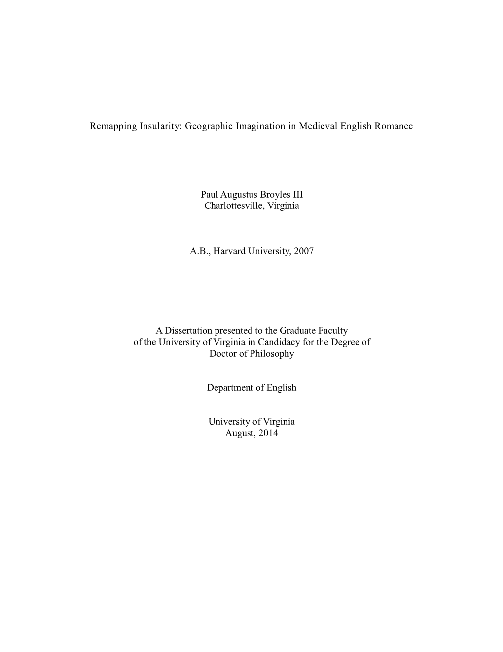 Remapping Insularity: Geographic Imagination in Medieval English Romance