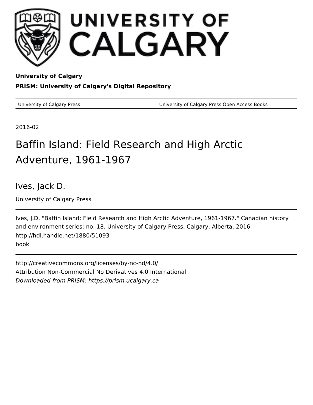 Baffin Island: Field Research and High Arctic Adventure, 1961-1967