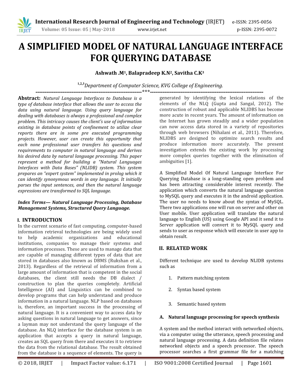 A Simplified Model of Natural Language Interface for Querying Database