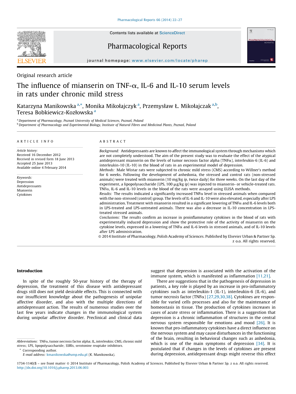 The Influence of Mianserin on TNF-Α, IL-6 and IL-10 Serum Levels in Rats Under Chronic Mild Stress