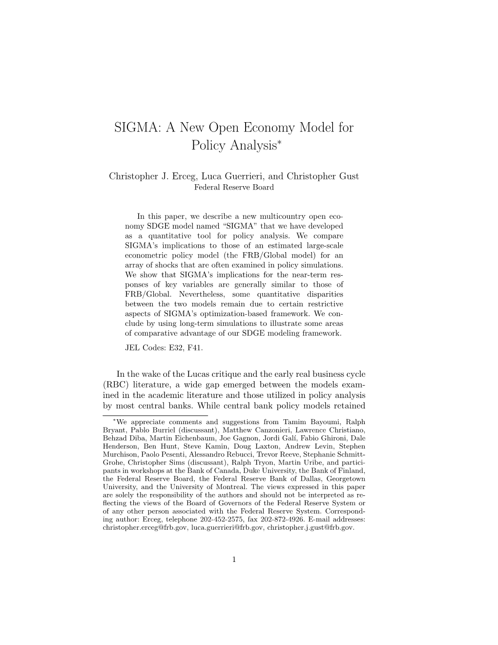 SIGMA: a New Open Economy Model for Policy Analysis∗