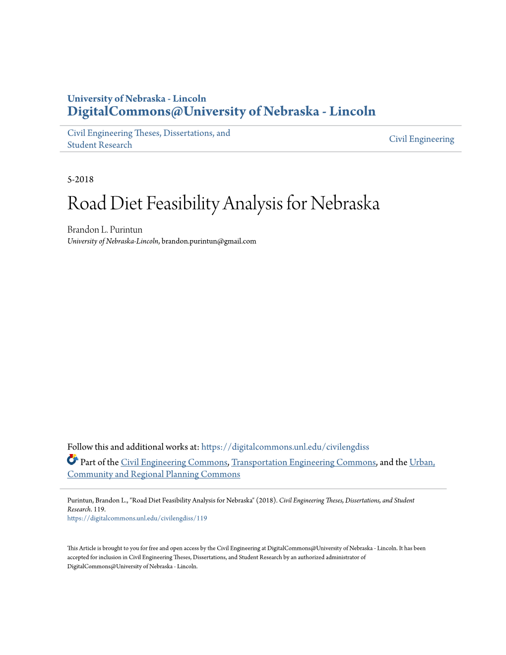 Road Diet Feasibility Analysis for Nebraska Brandon L