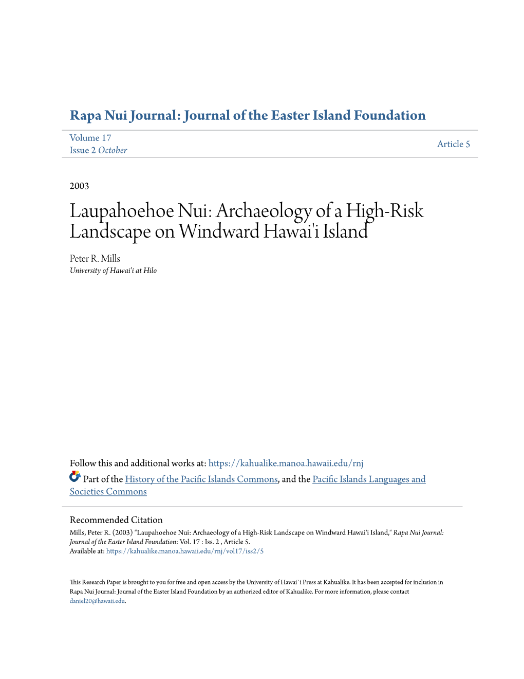 Laupahoehoe Nui: Archaeology of a High-Risk Landscape on Windward Hawai'i Island Peter R