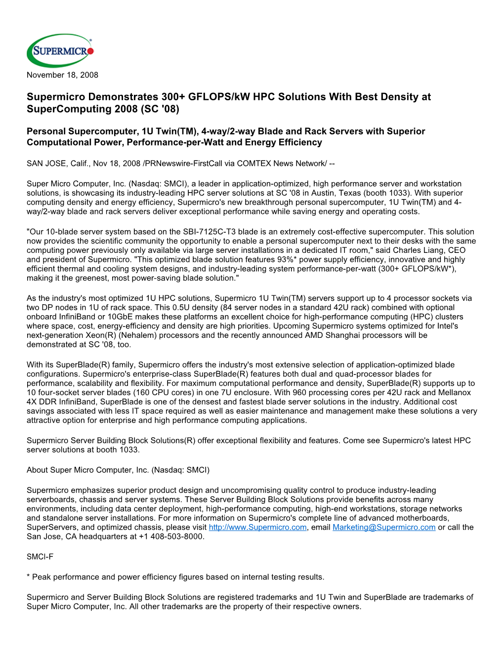 Supermicro Demonstrates 300+ GFLOPS/Kw HPC Solutions with Best Density at Supercomputing 2008 (SC '08)