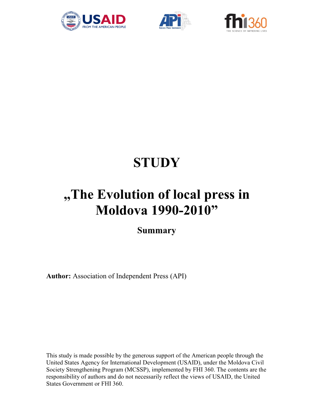 STUDY „The Evolution of Local Press in Moldova 1990-2010”