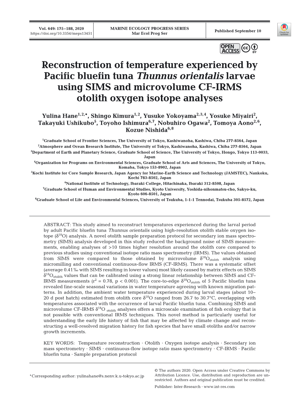 Reconstruction of Temperature Experienced by Pacific Bluefin Tuna Thunnus Orientalis Larvae Using SIMS and Microvolume CF-IRMS Otolith Oxygen Isotope Analyses