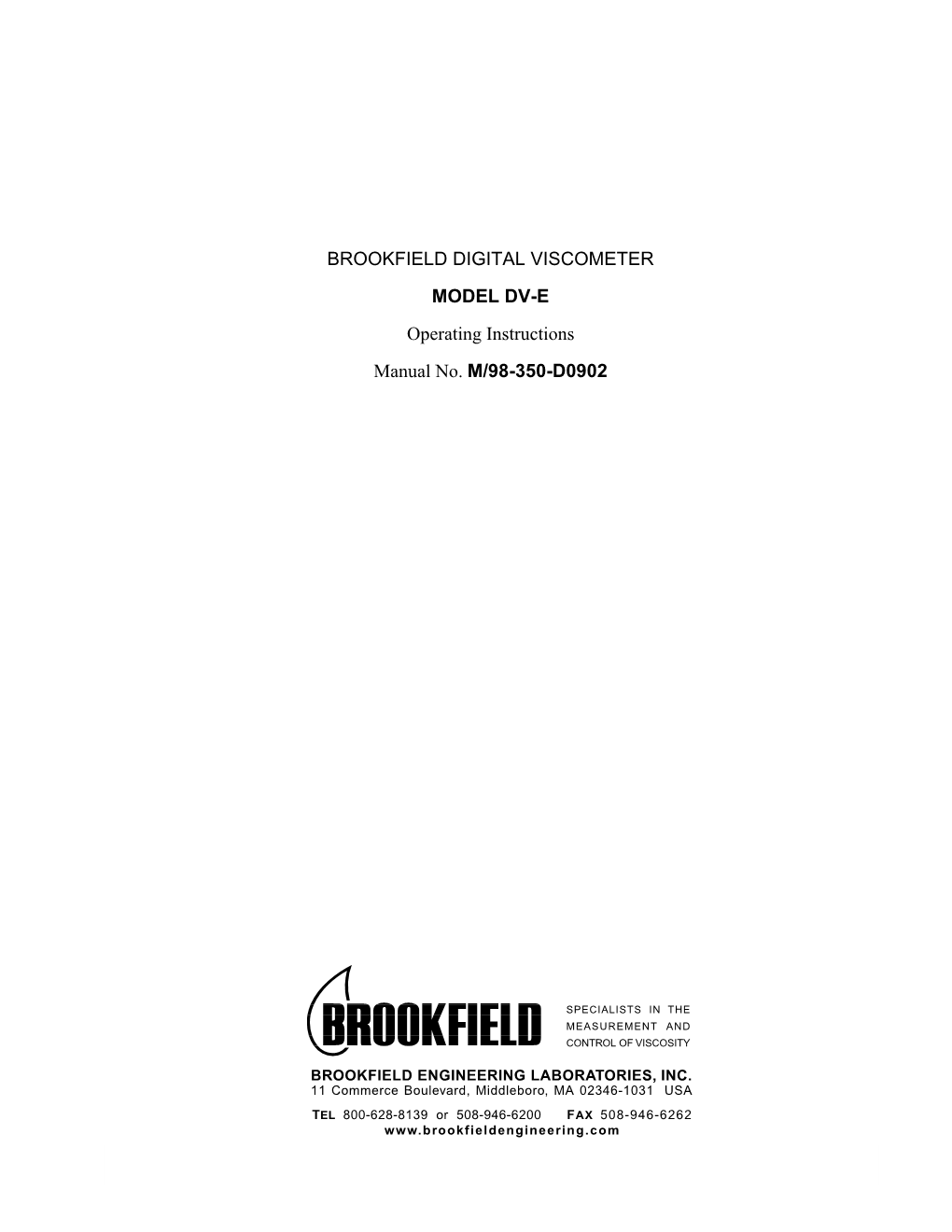 BROOKFIELD DIGITAL VISCOMETER MODEL DV-E Operating