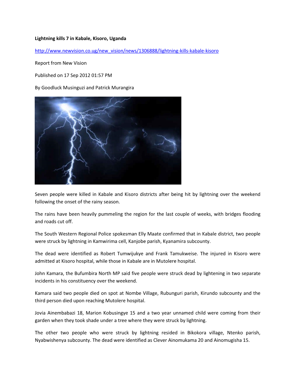 Lightning Kills 7 in Kabale, Kisoro, Uganda