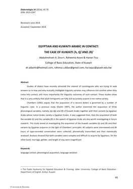 EGYPTIAN and KUWAITI ARABIC in CONTACT: the CASE of KUWAITI /K, Tʃ/ and /Θ