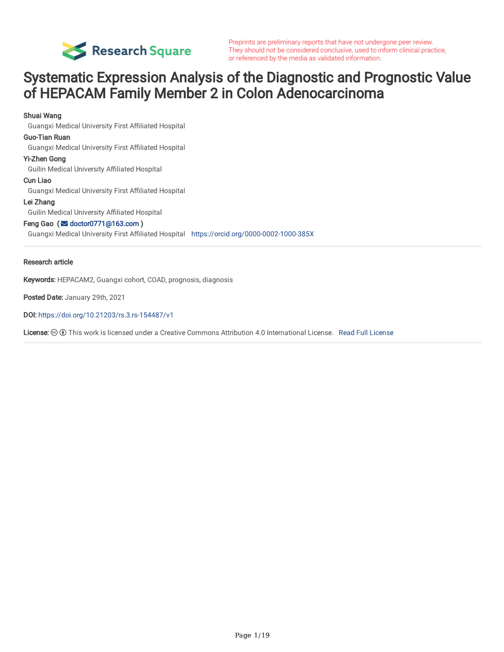 Systematic Expression Analysis of the Diagnostic and Prognostic Value of HEPACAM Family Member 2 in Colon Adenocarcinoma