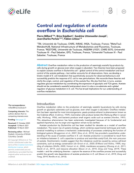 Control and Regulation of Acetate Overflow in Escherichia Coli