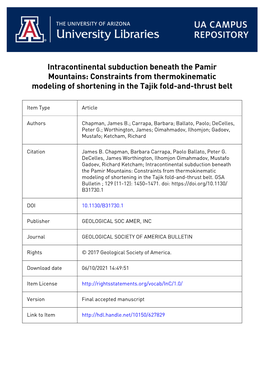 Intracontinental Subduction Beneath the Pamir Mountains: Constraints from Thermokinematic Modeling of Shortening in the Tajik Fold-And-Thrust Belt