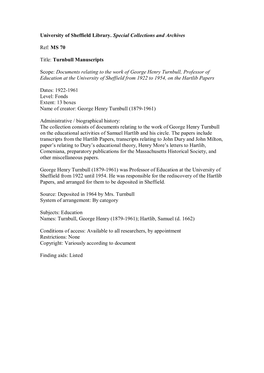 MS 70 Title: Turnbull Manuscripts Scope: Documents Relat