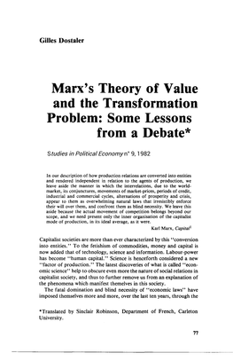 Marx's Theory of Value and the Transformation Problem: Some Lessons from a Debate*