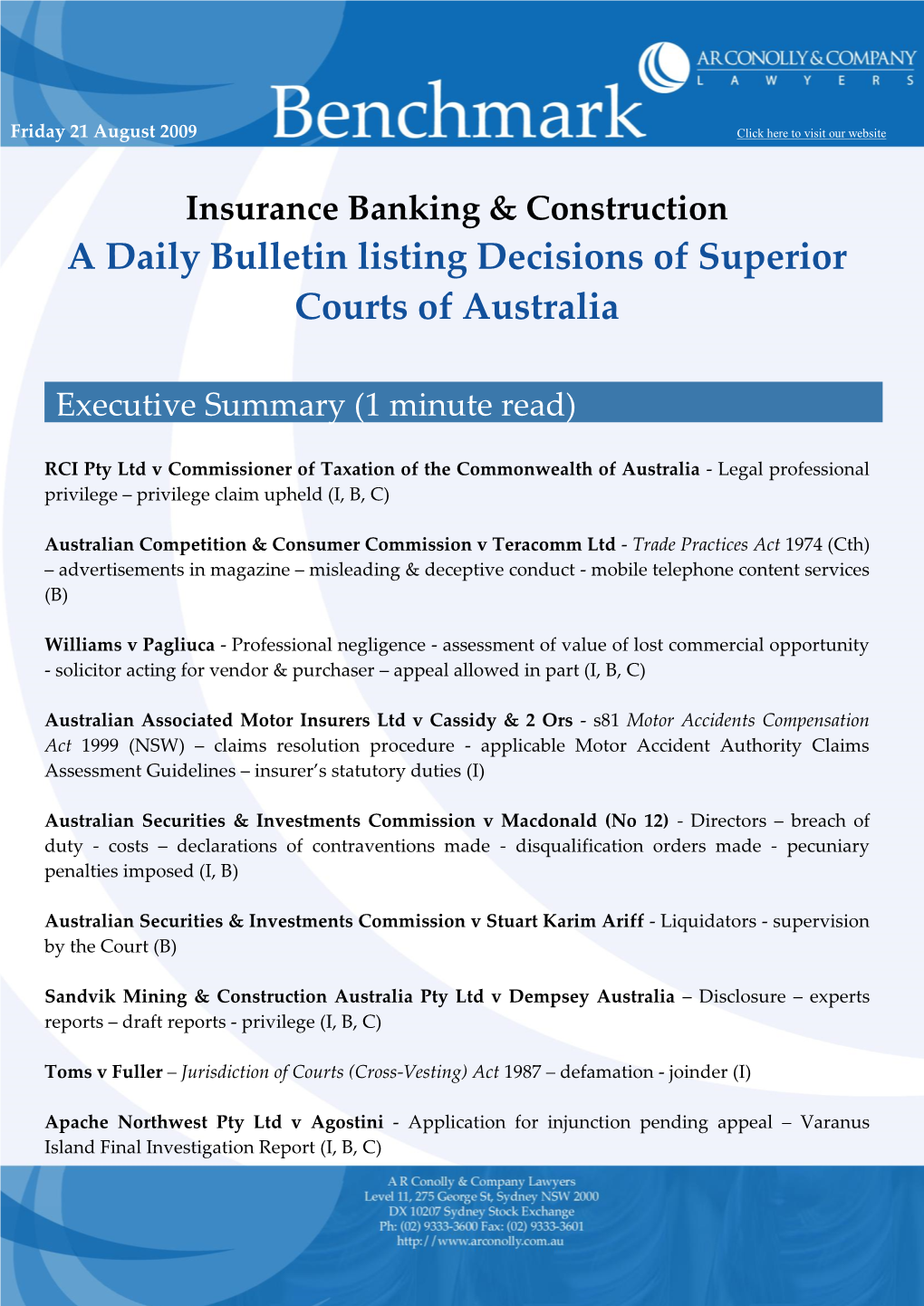 A Daily Bulletin Listing Decisions of Superior Courts of Australia