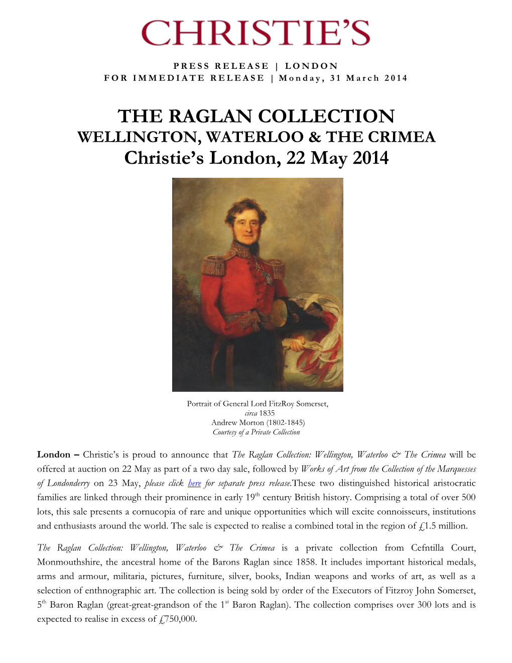 THE RAGLAN COLLECTION Christie's London, 22 May 2014