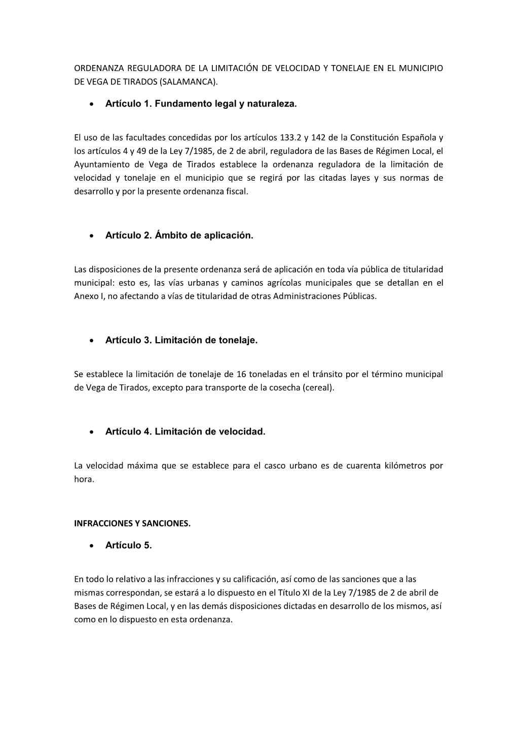 Ordenanza Reguladora De La Limitación De Velocidad Y Tonelaje En El Municipio De Vega De Tirados (Salamanca)
