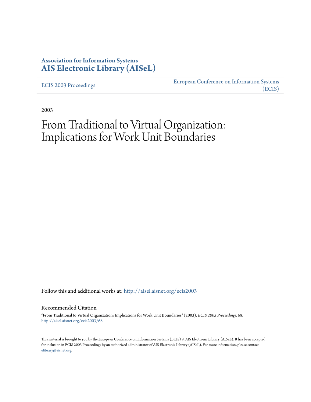 From Traditional to Virtual Organization: Implications for Work Unit Boundaries