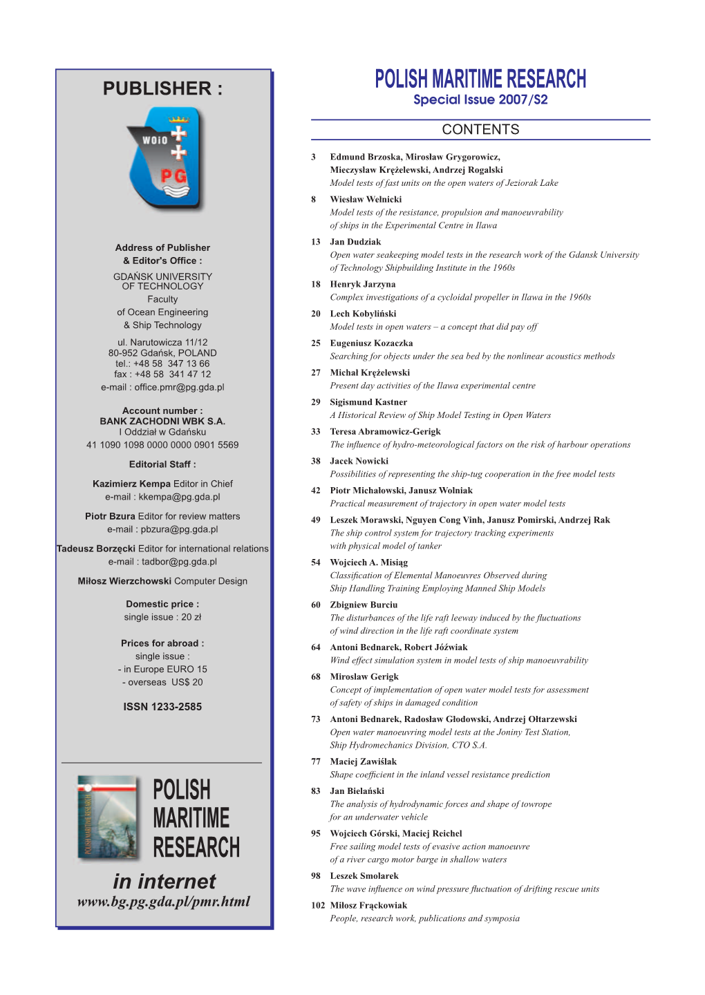 POLISH MARITIME RESEARCH PUBLISHER : Special Issue 2007/S2 CONTENTS