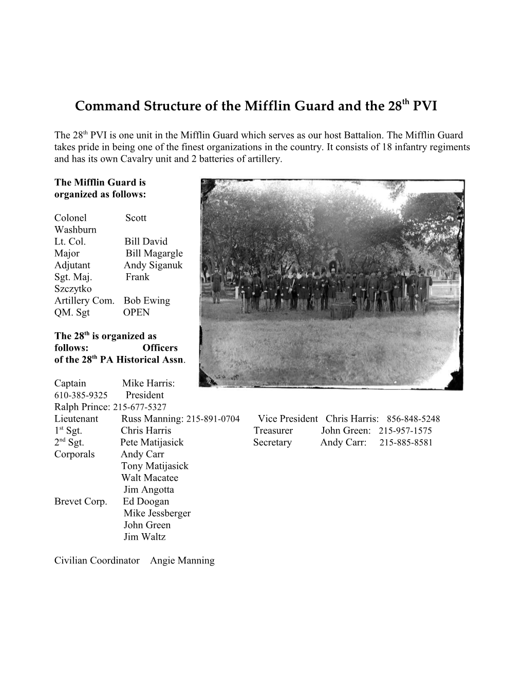 Command Structure of the Mifflin Guard and the 28Th PVI