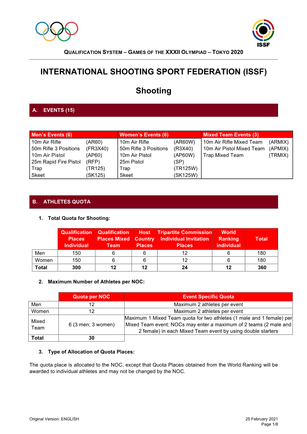 Qualification System for Olympic Games Tokyo 2020