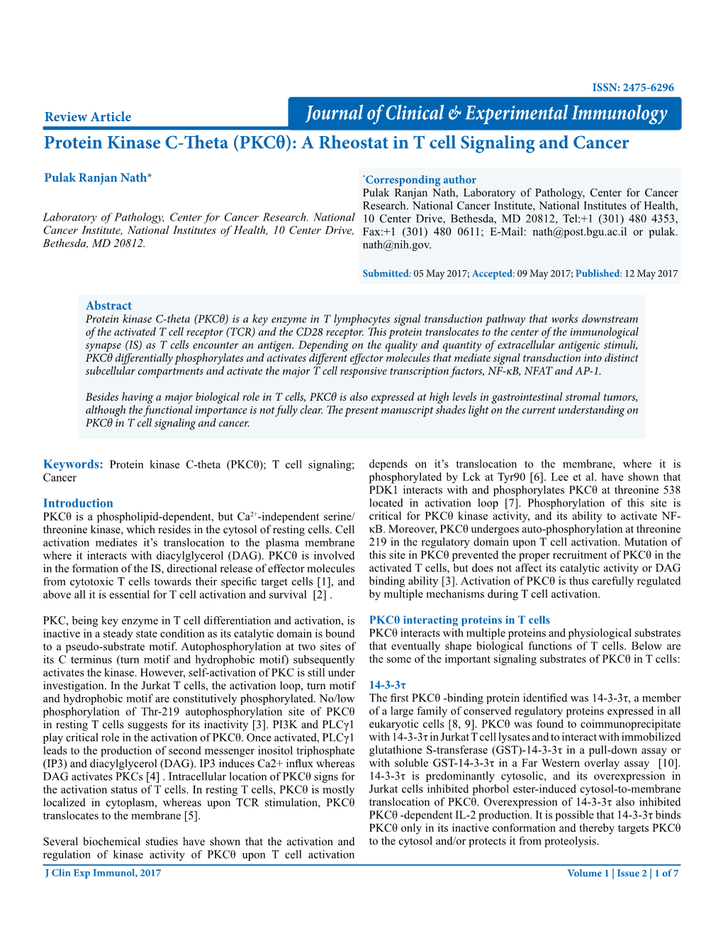 Protein Kinase C-Theta (Pkcθ): a Rheostat in T Cell Signaling and Cancer