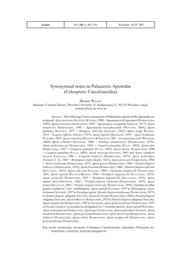 Synonymical Notes on Palaearctic Apionidae (Coleoptera: Curculionoidea)