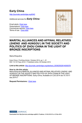 Early China MARITAL ALLIANCES and AFFINAL RELATIVES