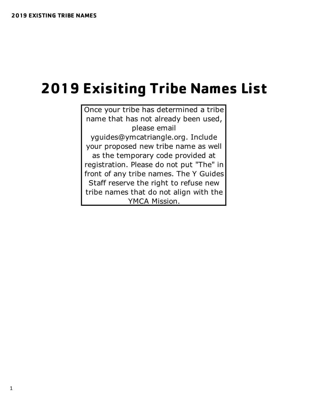 2019 Existing Tribe Names