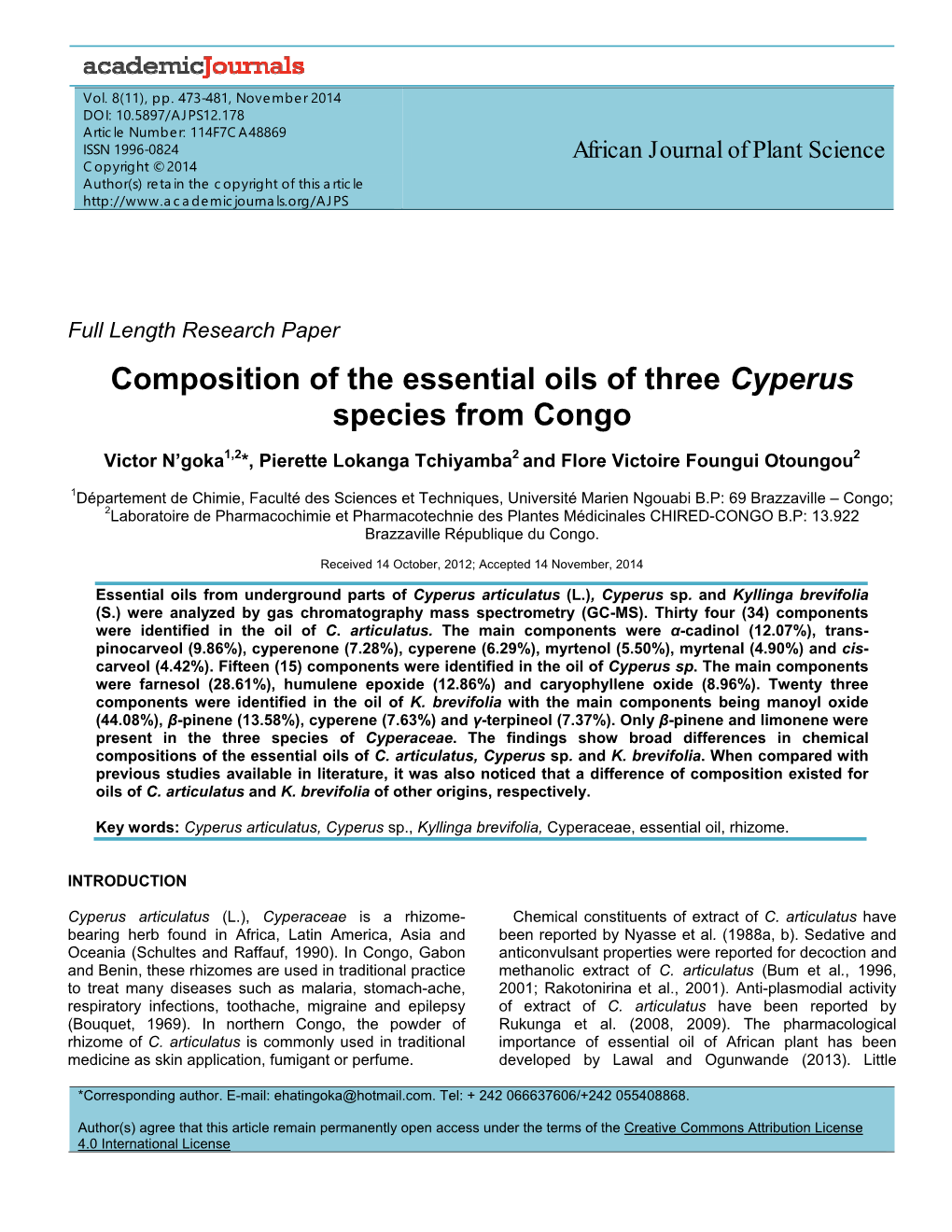 Composition of the Essential Oils of Three Cyperus Species from Congo