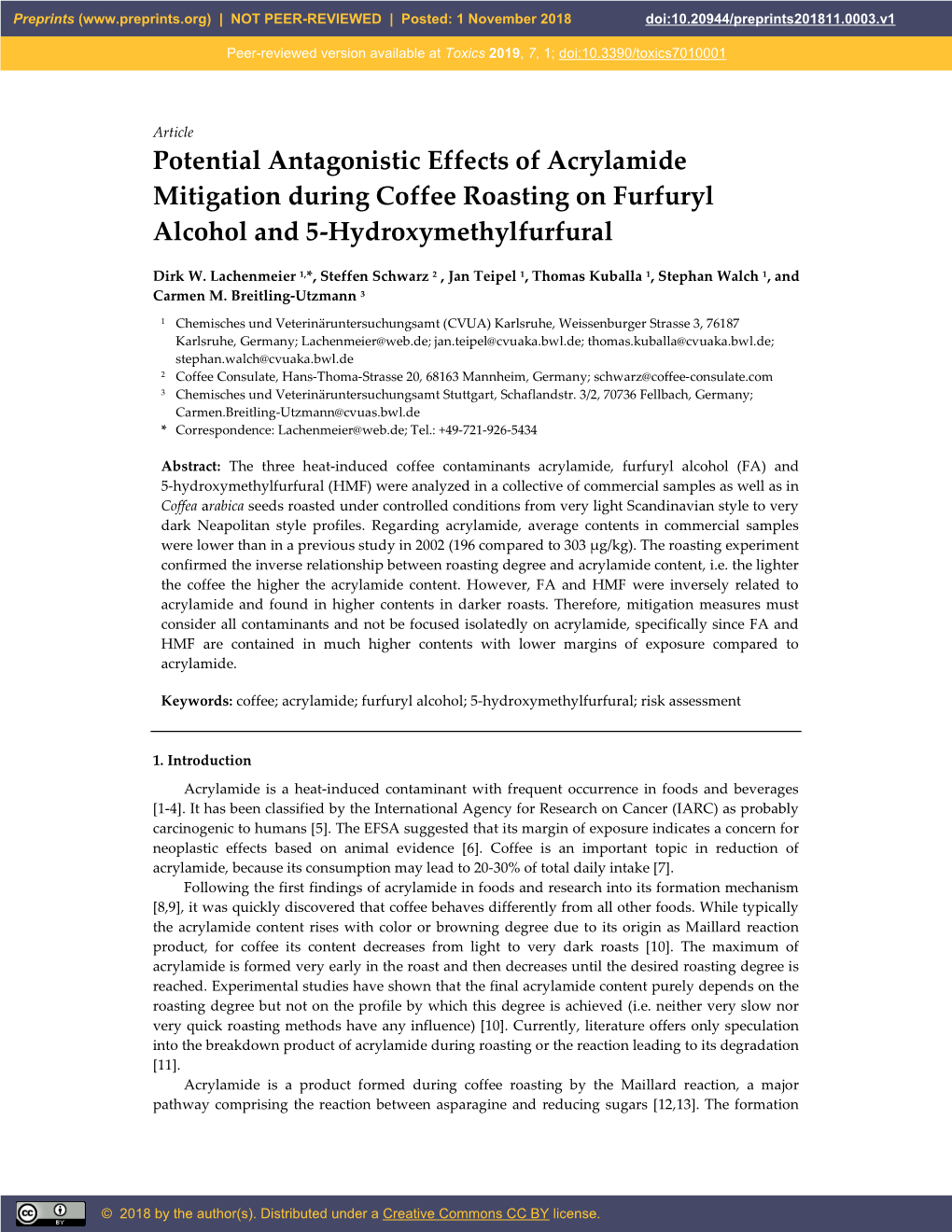 Potential Antagonistic Effects of Acrylamide Mitigation During Coffee Roasting on Furfuryl Alcohol and 5-Hydroxymethylfurfural