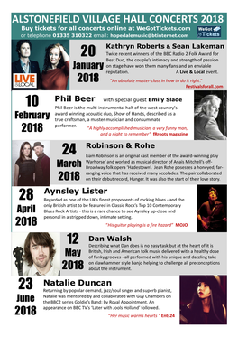 ALSTONEFIELD VILLAGE HALL CONCERTS 2018 Buy Tickets for All Concerts Online at Wegottickets.Com Or Telephone 01335 310322 Email: Hopedalemusic@Btinternet.Com