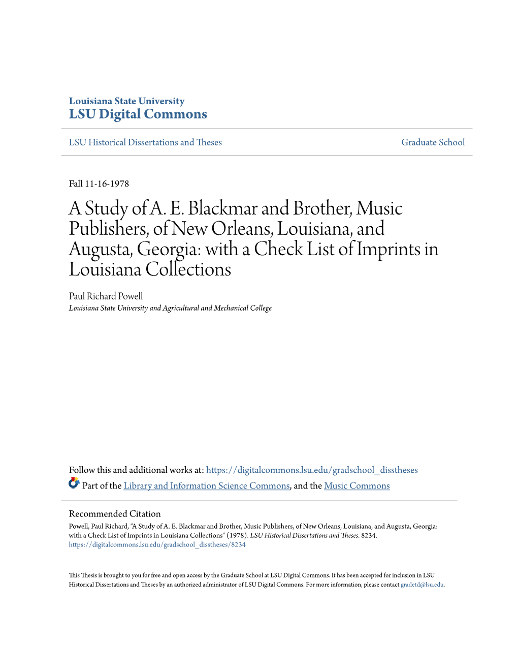 A Study of AE Blackmar and Brother, Music Publishers, of New