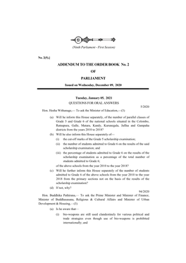 ADDENDUM to the ORDER BOOK No. 2 of PARLIAMENT Issued on Wednesday, December 09, 2020