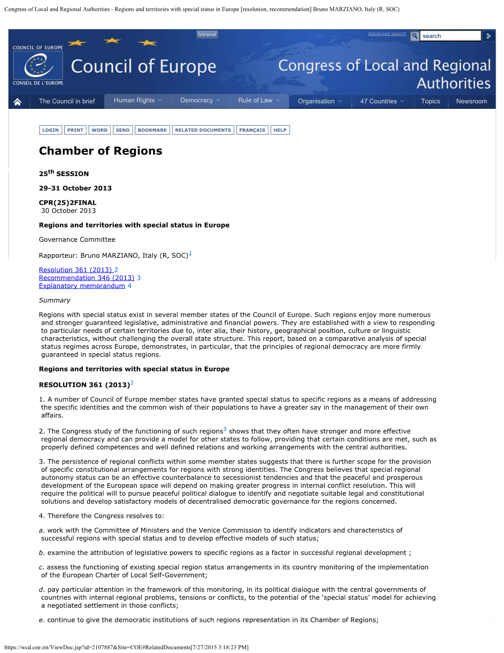 Congress of Local and Regional Authorities - Regions and Territories with Special Status in Europe [Resolution, Recommendation] Bruno MARZIANO, Italy (R, SOC)