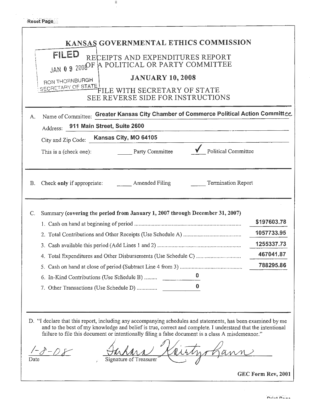 Rebeipts and EXPENDITURES REPORT JAN 200@F T4 POLITICAL OR PARTY COMMITTEE FILE with SECRET