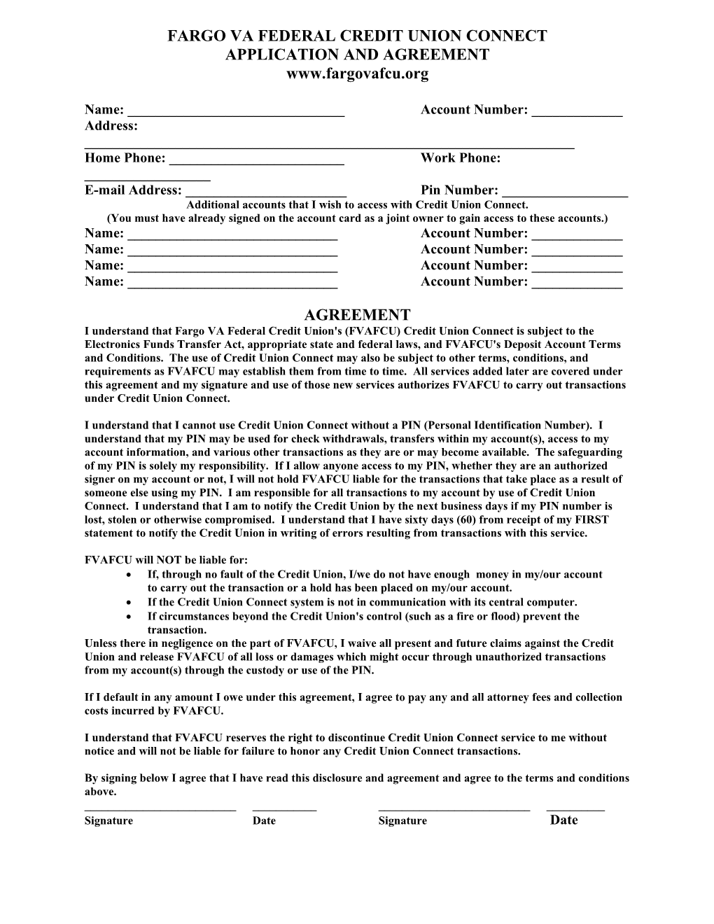 Credit Union Connect Application And Agreement