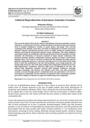 Cultural Reproduction of Javanese Gamelan Creation