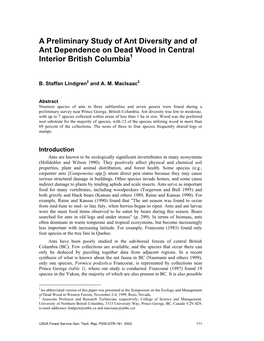 A Preliminary Study of Ant Diversity and of Ant Dependence on Dead Wood in Central Interior British Columbia1