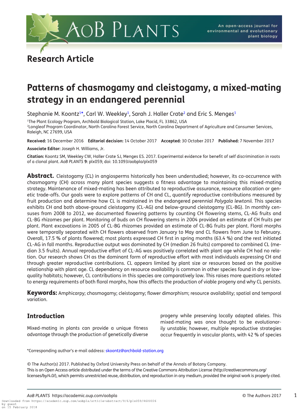 Patterns of Chasmogamy and Cleistogamy, a Mixed-Mating Strategy in an Endangered Perennial