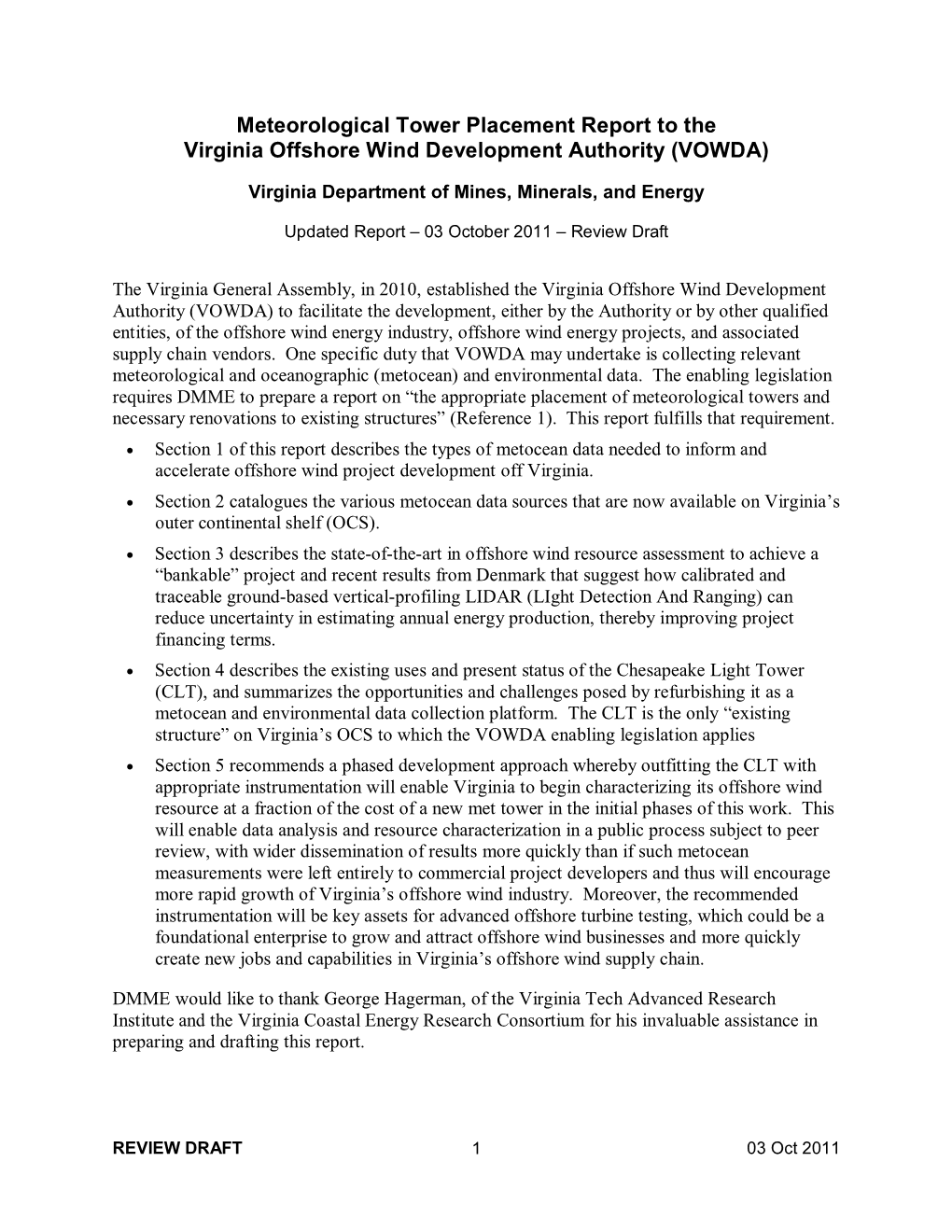 Meteorological Tower Placement Report to the Virginia Offshore Wind Development Authority (VOWDA)