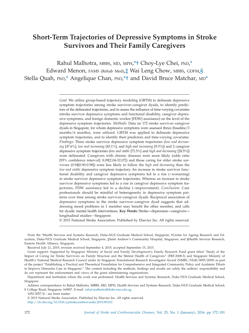 Short-Term Trajectories of Depressive Symptoms in Stroke Survivors and Their Family Caregivers