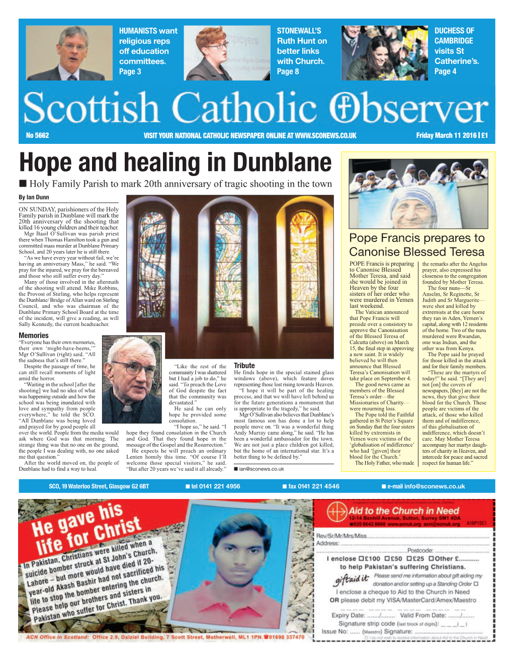 Hope and Healing in Dunblane I Holy Family Parish to Mark 20Th Anniversary of Tragic Shooting in the Town by Ian Dunn