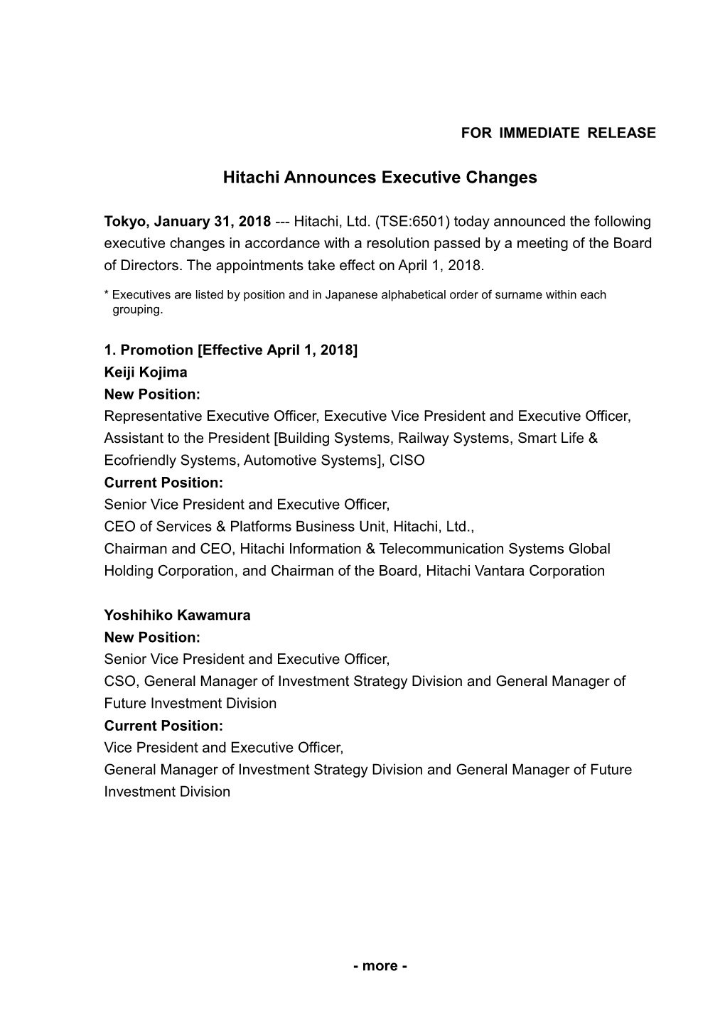 Hitachi Announces Executive Changes