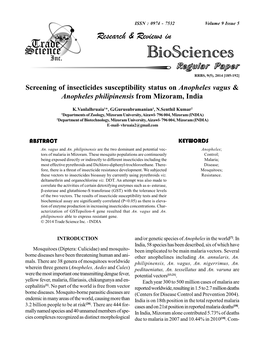 Screening of Insecticides Susceptibility Status on Anopheles Vagus & Anopheles Philipinensis from Mizoram, India