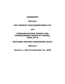 AGREEMENT Between the TORONTO STAR NEWSPAPERS
