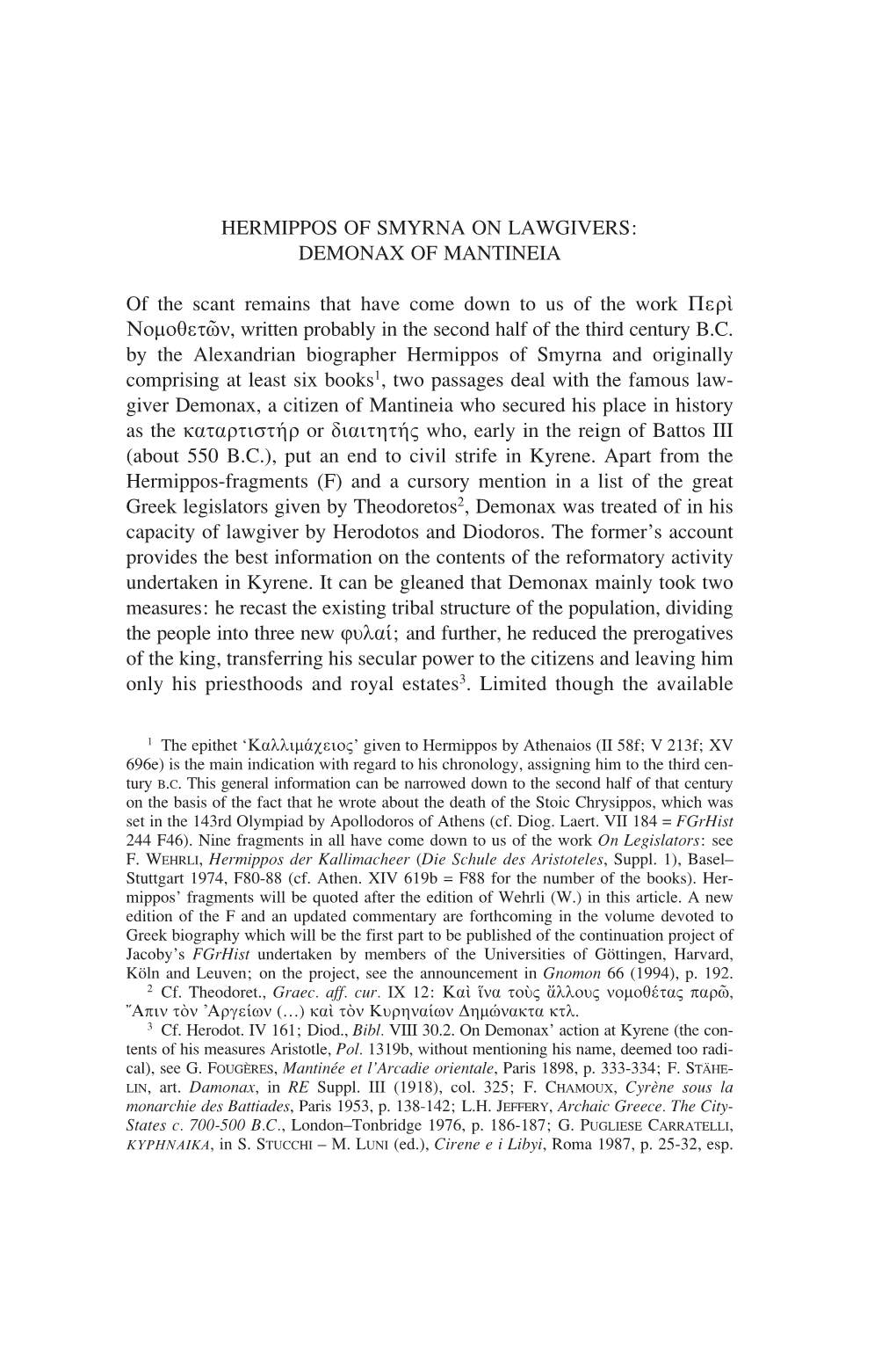Hermippos of Smyrna on Lawgivers: Demonax of Mantineia