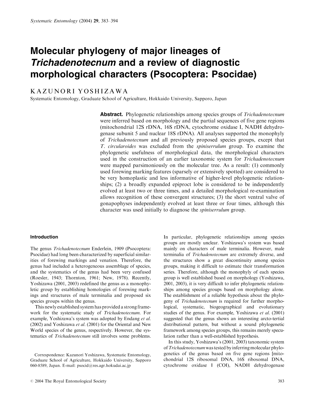 Molecular Phylogeny of Major Lineages of Trichadenotecnum and a Review of Diagnostic Morphological Characters (Psocoptera: Psocidae)